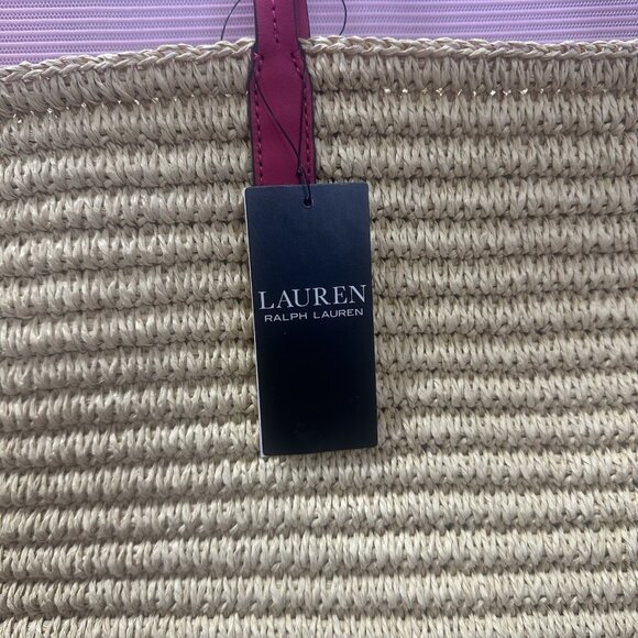 Lauren Ralph Lauren Natural Sport Pink Brie Leather Trim Straw Totebag Handbag - Picture 5 of 6